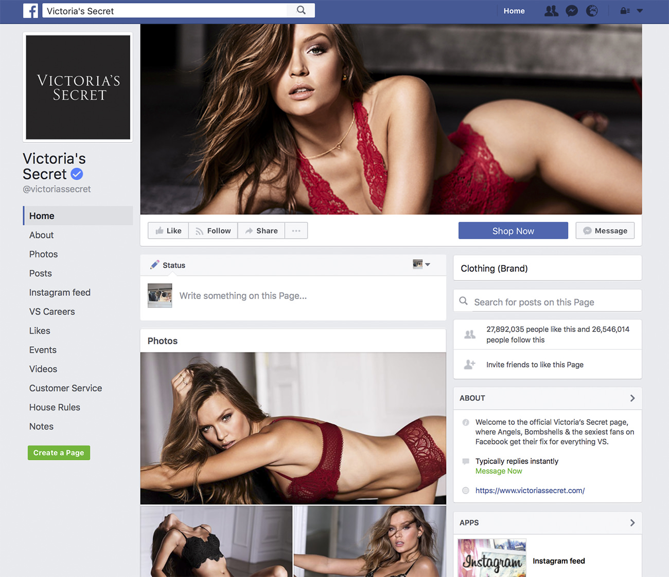 Victoria's Secret Facebook page - Marketing for clothing store