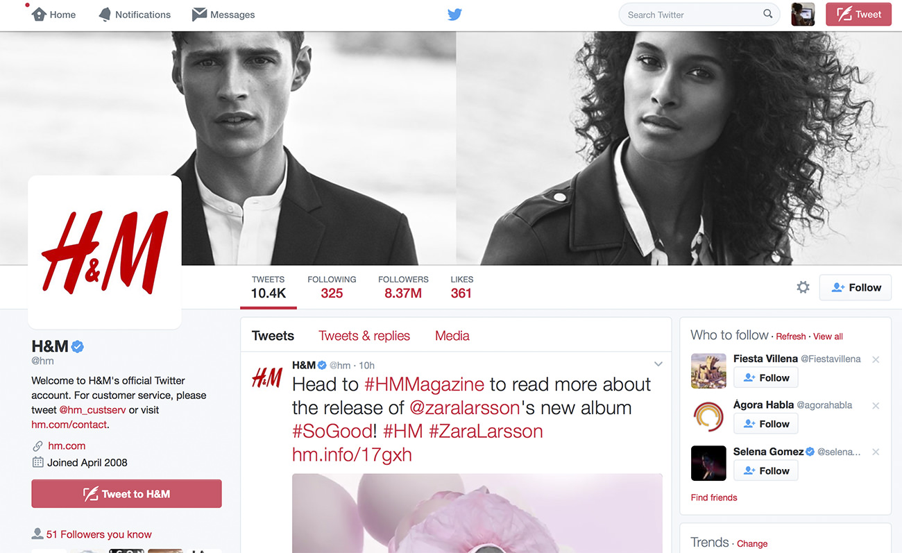 Optimized Twitter profile. H&M. Twitter for business