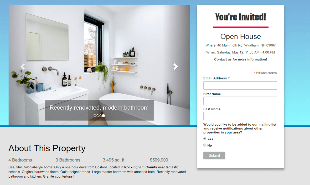 landing page for real estate open house