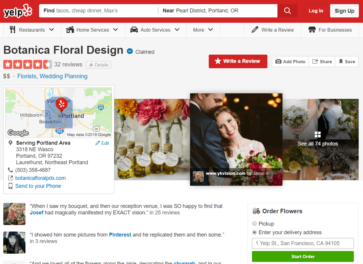 Estrategias para vender flores. Página de Yelp de Botanica.