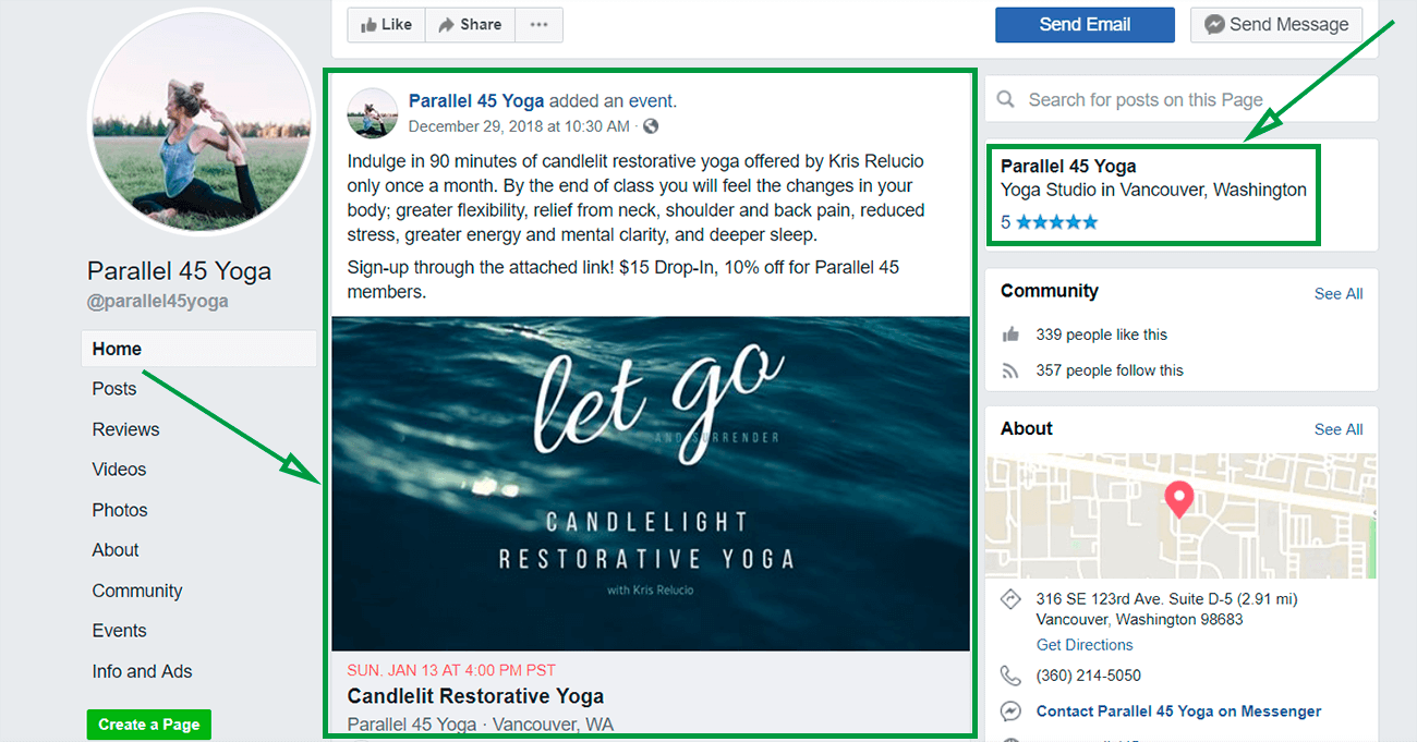 Marketing para yoga. Página de Facebook de Parallel 45.