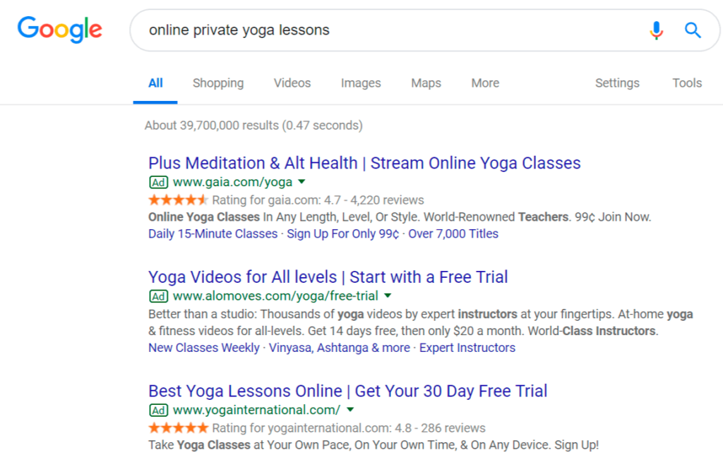 marketing para yoga anuncios de texto en google
