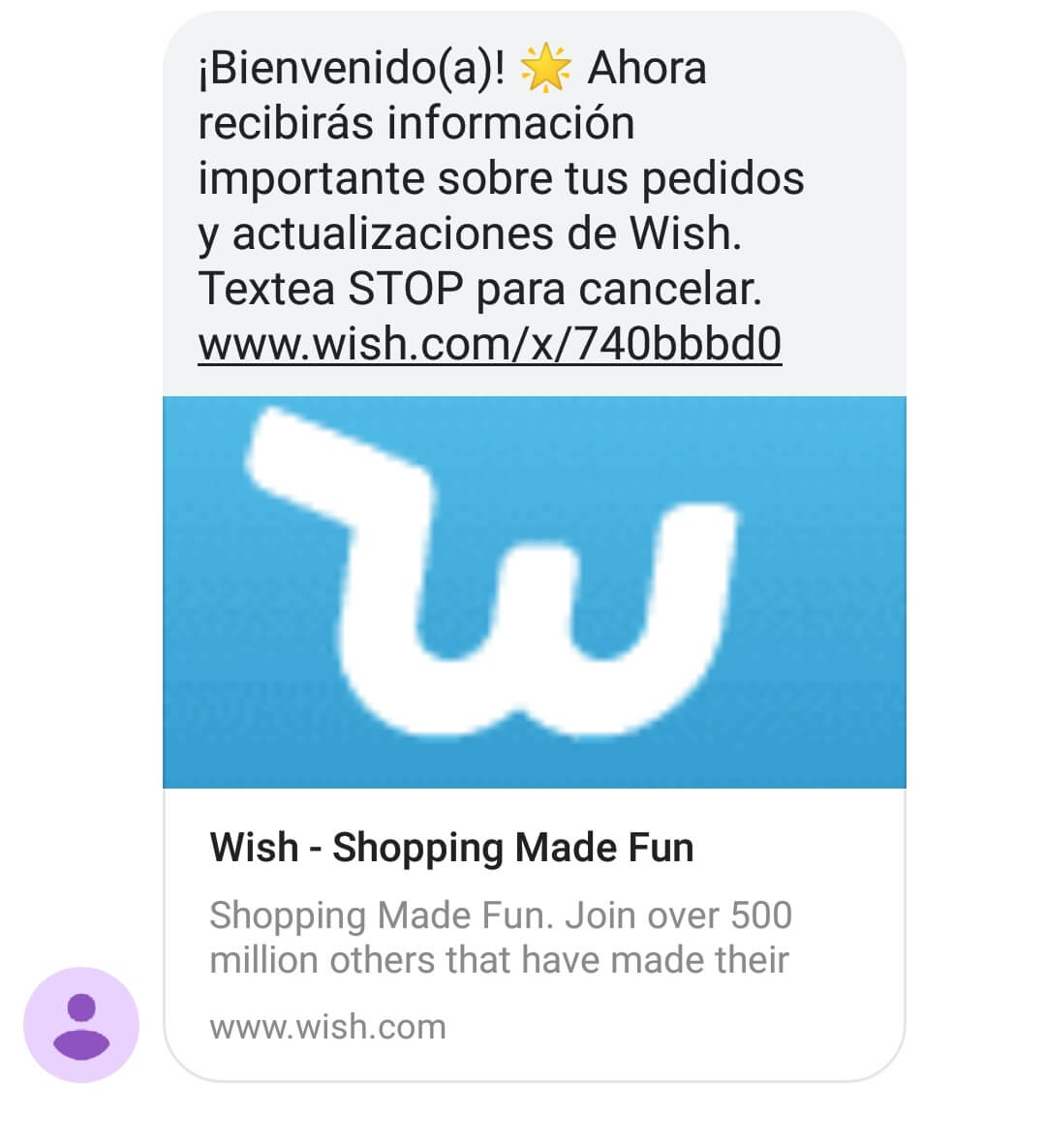 Marketing por sms. Ejemplo de Wish.