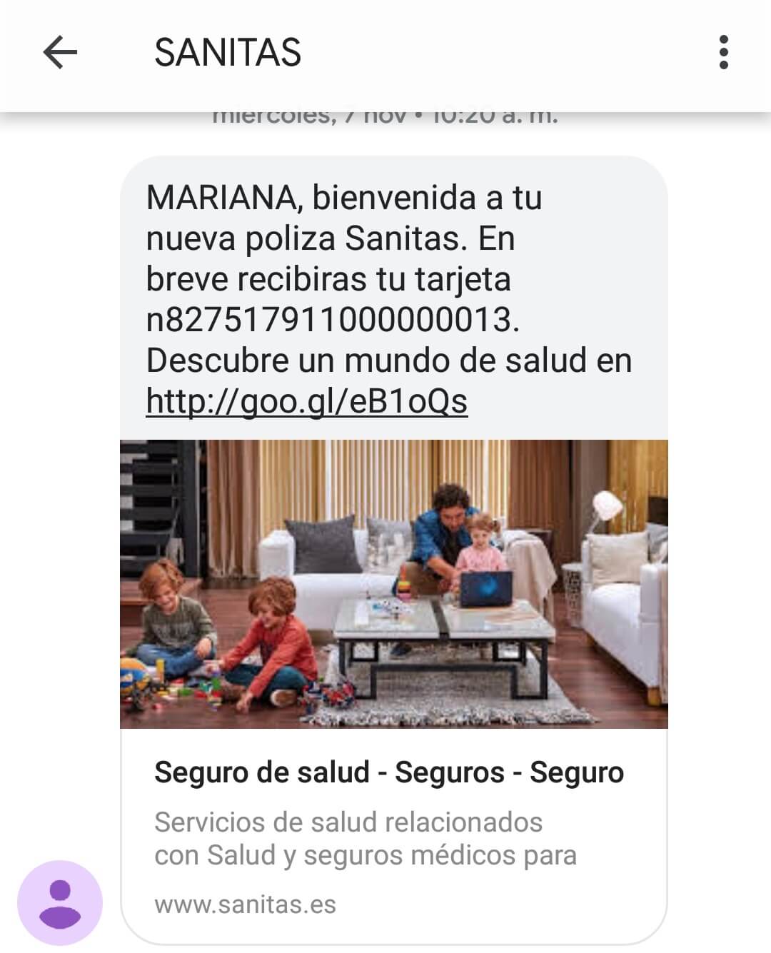 Marketing por sms. Ejemplo de Sanitas.