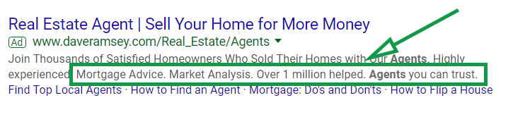 Google ads for real estate. Callout extension example.