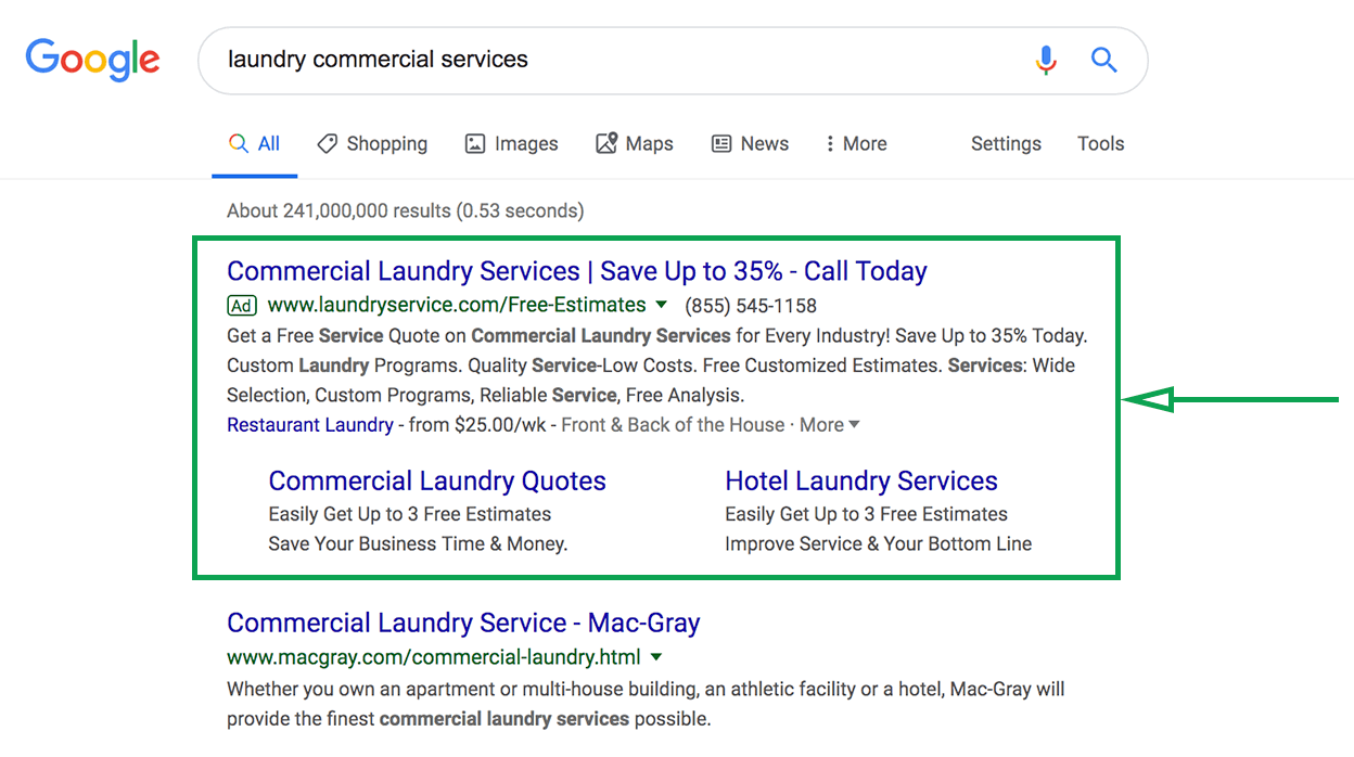 Marketing strategies for laundries. Google ad example.