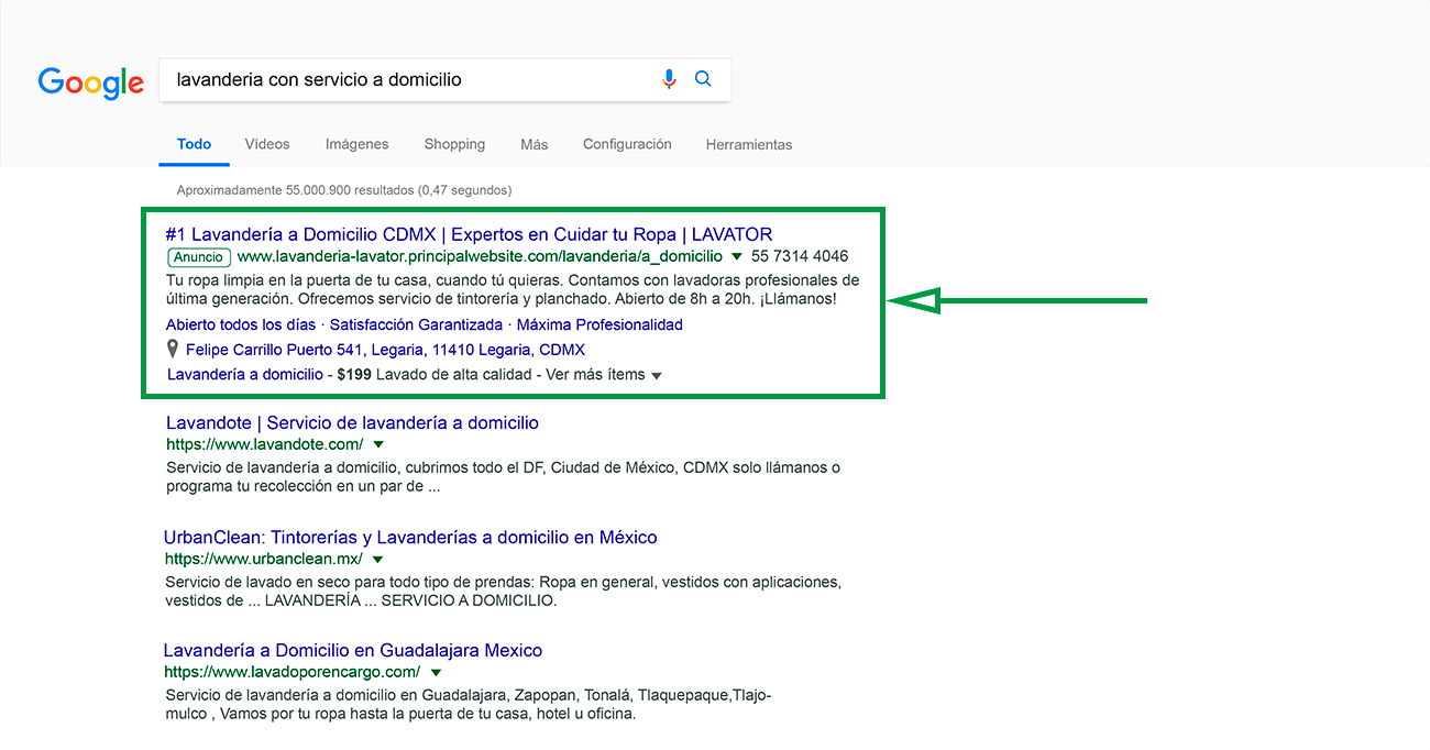 How to start a laundry business in mexico. Google ad example.