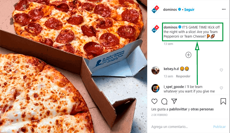 Cómo ganar seguidores en Instagram. Post de Domino's Pizza